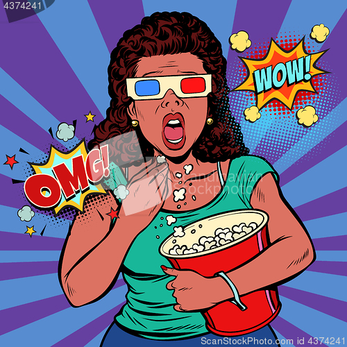 Image of Woman in 3d glasses watching a scary movie and eating popcorn