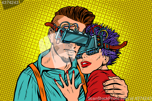 Image of couple in love with virtual reality glasses