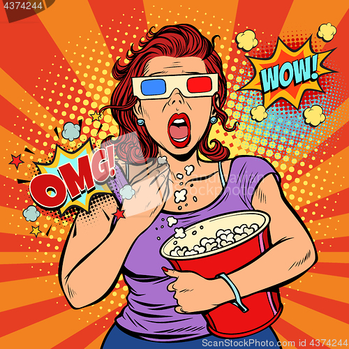 Image of Woman in 3d glasses watching a scary movie and eating popcorn