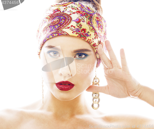 Image of young pretty modern girl with bright shawl on head emotional posing isolated on white background, asian people ethnicity