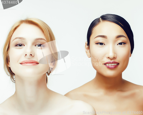 Image of different nation woman: asian, caucasian together isolated on white background happy smiling, diverse type on skin, lifestyle people concept 