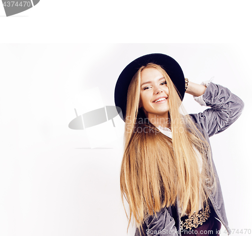 Image of young pretty hipster girl in hat posing smiling cheerful on white background, lifestyle people concept 