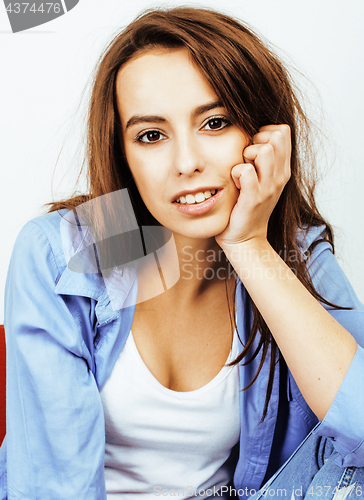 Image of young pretty teenage hipster girl posing emotional happy smiling on white background, lifestyle people concept 