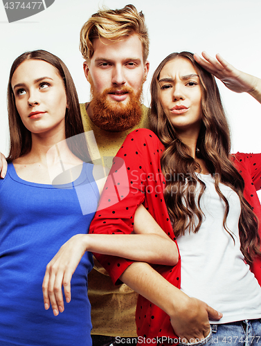 Image of company of hipster guys, bearded red hair boy and girls students having fun together friends, diverse fashion style, lifestyle people concept isolated on white background 