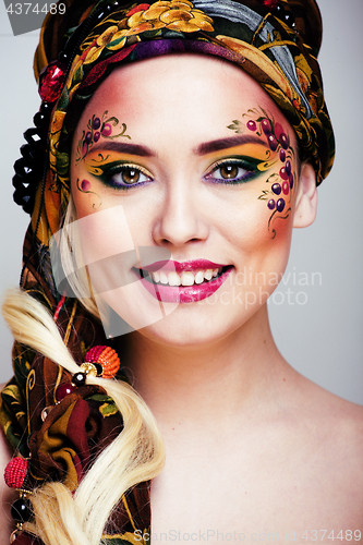 Image of portrait of contemporary noblewoman with face art creative close