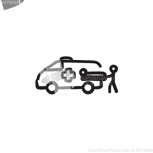 Image of Man with patient and ambulance car sketch icon