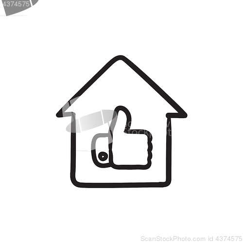 Image of Thumb up in house sketch icon.