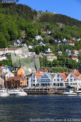 Image of BERGEN HARBOR, NORWAY - MAY 27, 2017: Private boats on a row alo