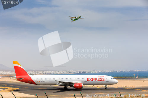 Image of ARECIFE, SPAIN - APRIL, 16 2017: AirBus A321 of IBERIA with the 