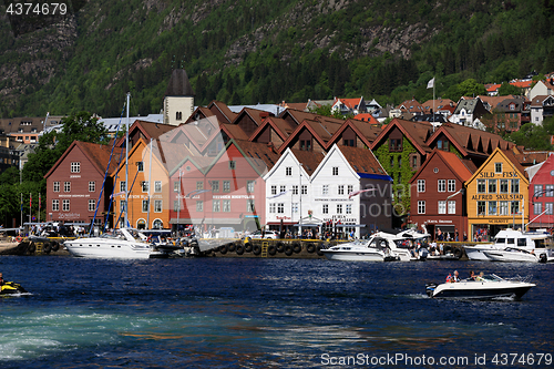 Image of BERGEN HARBOR, NORWAY - MAY 27, 2017: Private boats on a row alo