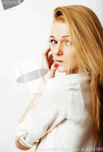 Image of young blond woman on white backgroung gesture thumbs up, isolate