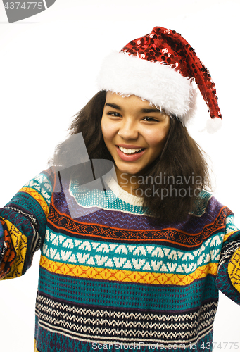 Image of cute young real african hipster girl in santas red hat isolated 