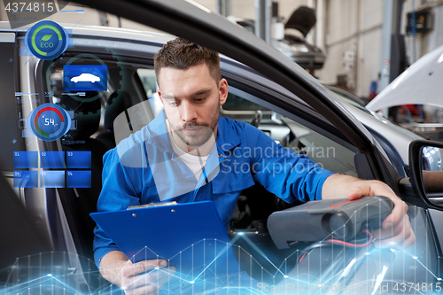 Image of mechanic man with diagnostic scanner at car shop