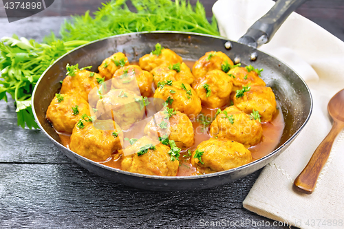 Image of Meatballs in pan with greens on board