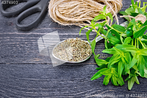 Image of Savory dry in spoon with twine on black board