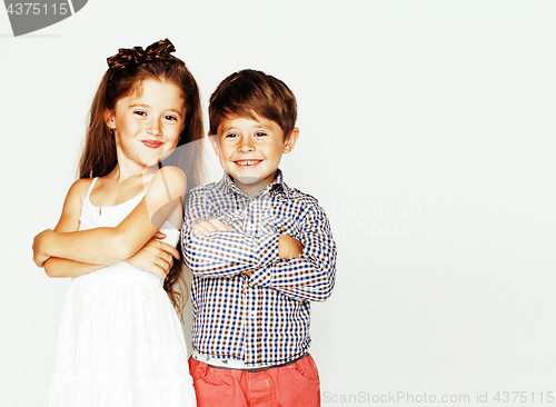 Image of little cute boy and girl hugging playing on white background, happy smiling family, lifestyle people concept