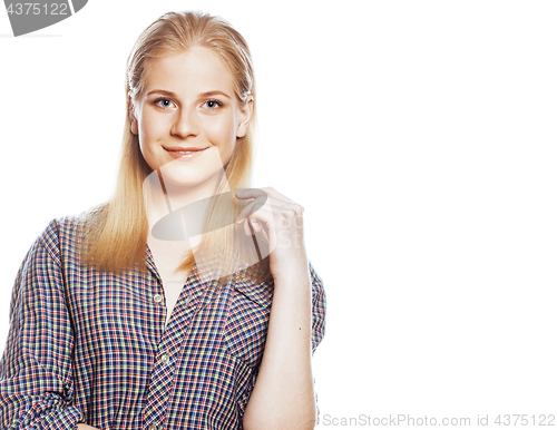 Image of young pretty teenage hipster girl posing emotional happy smiling on white background, lifestyle people concept 