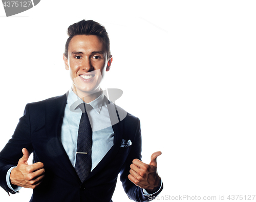 Image of young handsome modern hipster businessman posing emotional, happy smiling against white background isolated, lifestyle people concept 