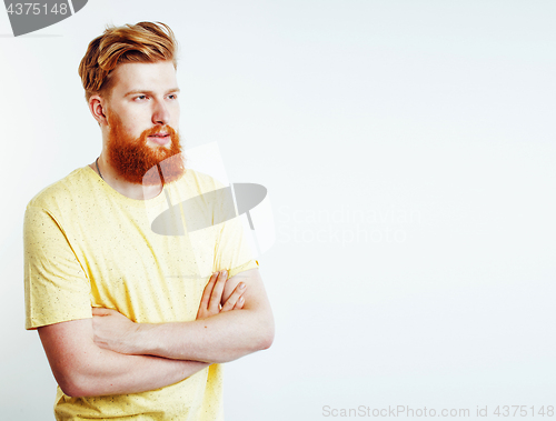 Image of young handsome hipster ginger bearded guy looking brutal isolated on white background, lifestyle people concept 