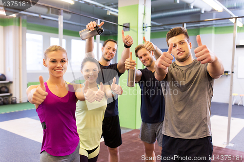 Image of group of happy friends in gym showing thumbs up