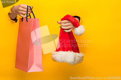 Image of Female hand holding bright shopping bag