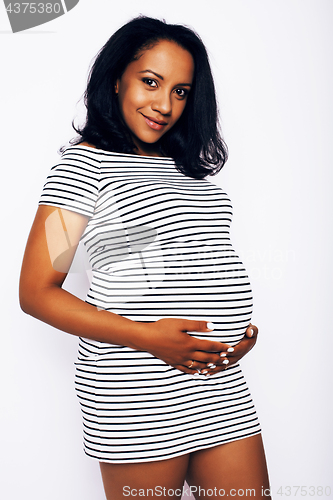 Image of young pretty african american woman pregnant happy smiling, posing on white background isolated , lifestyle people concept copyspace 