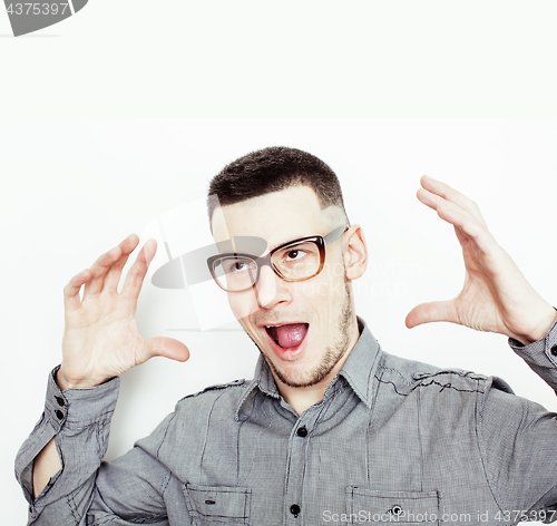 Image of young handsome modern hipster businessman posing emotional, happy smiling against white background isolated, lifestyle people concept 