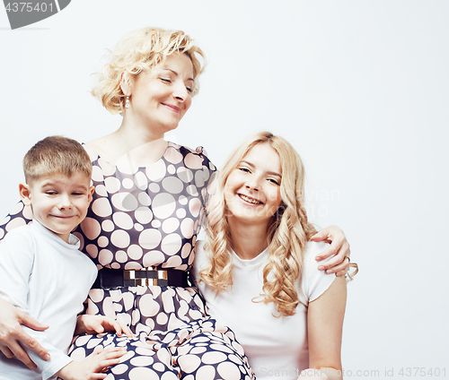 Image of happy smiling family together posing cheerful on white background, lifestyle people concept, mother with son and teenage daughter isolated 