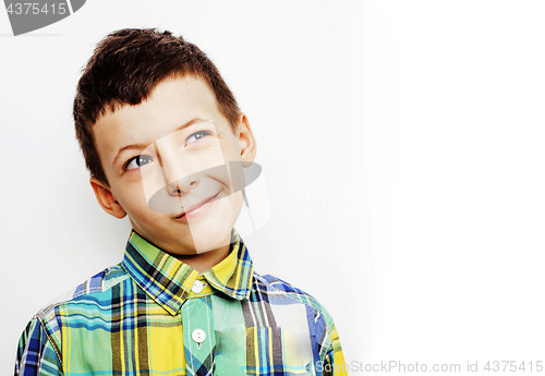 Image of little cute adorable boy posing gesturing cheerful on white background, lifestyle people concept 