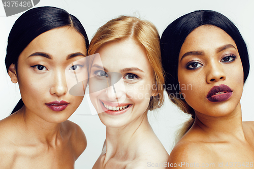 Image of different nation woman: asian, african-american, caucasian together isolated on white background happy smiling, diverse type on skin, lifestyle people concept 