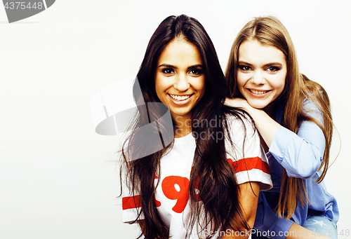 Image of best friends teenage girls together having fun, posing emotional on white background, besties happy smiling, lifestyle people concept