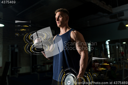 Image of young man with dumbbells exercising in gym