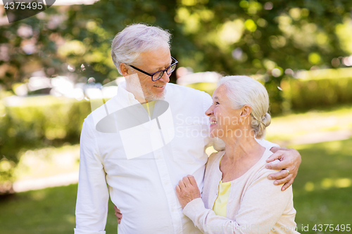 Image of happy senior couple hugging at summer park