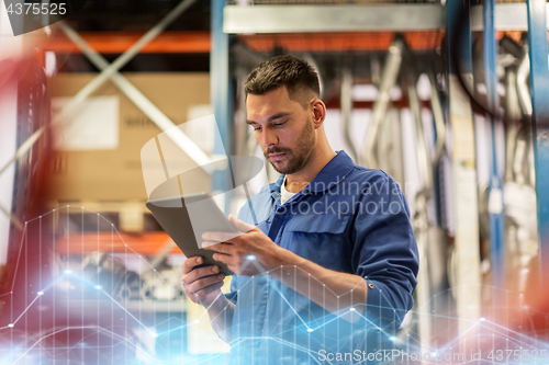 Image of auto mechanic or smith with tablet pc at workshop