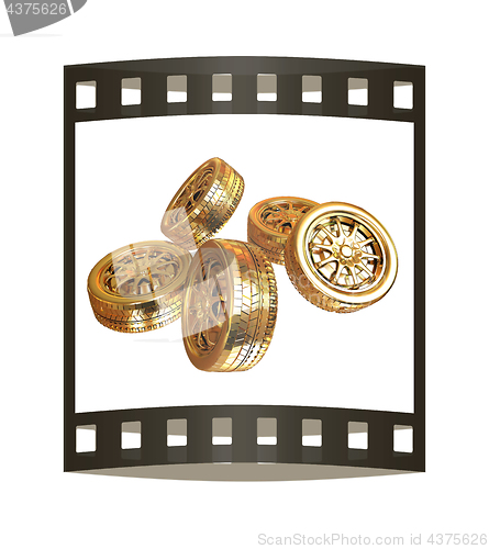 Image of Golden wheels Set isolated on white. Top view. 3d illustration. 