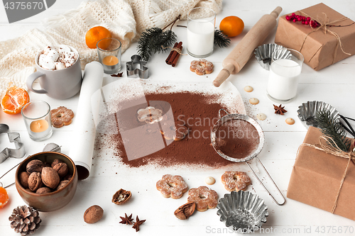 Image of Homemade bakery making, gingerbread cookies in form of Christmas tree close-up.