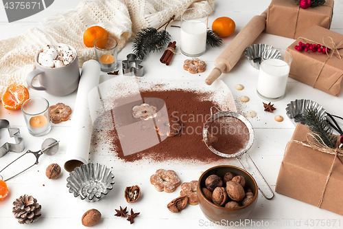 Image of Homemade bakery making, gingerbread cookies in form of Christmas tree close-up.