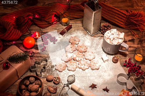Image of Homemade bakery making, gingerbread cookies in form of Christmas tree close-up.
