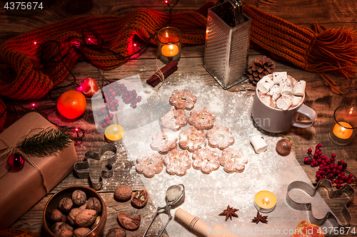 Image of Homemade bakery making, gingerbread cookies in form of Christmas tree close-up.