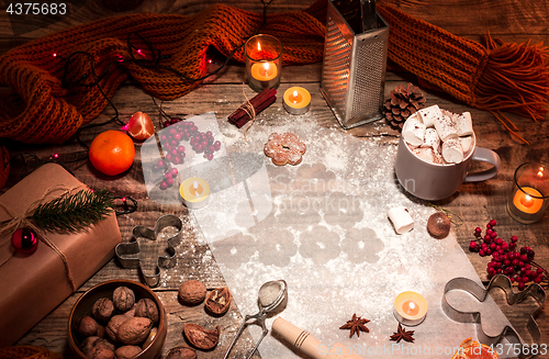 Image of Homemade bakery making, gingerbread cookies in form of Christmas tree close-up.