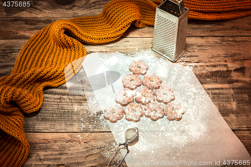 Image of Homemade bakery making, gingerbread cookies in form of Christmas tree close-up.