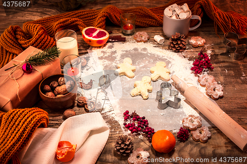 Image of Homemade bakery making, gingerbread cookies in form of Christmas tree close-up.