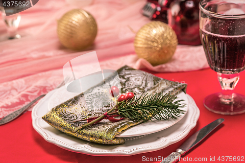 Image of Beautiful Christmas table setting with decorations