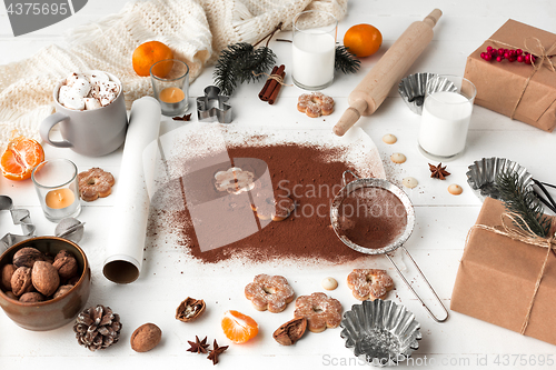 Image of Homemade bakery making, gingerbread cookies in form of Christmas tree close-up.