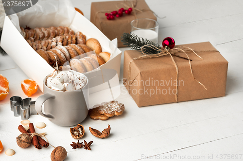 Image of Homemade bakery making, gingerbread cookies in form of Christmas tree close-up.