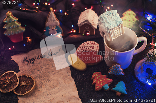 Image of Christmas cookies and cup of tea