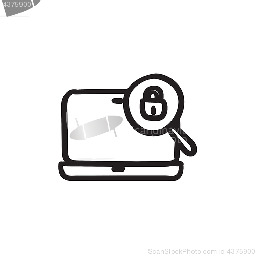Image of Laptop and magnifying glass sketch icon.