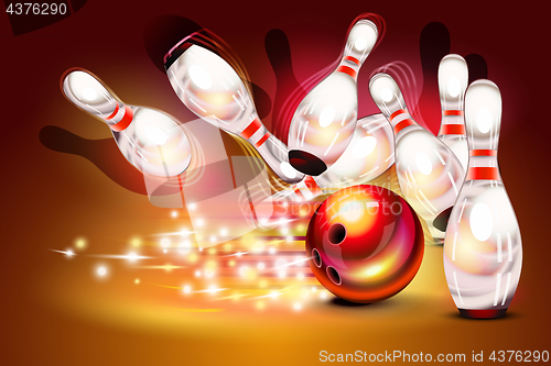 Image of Bowling game strike over dark red background