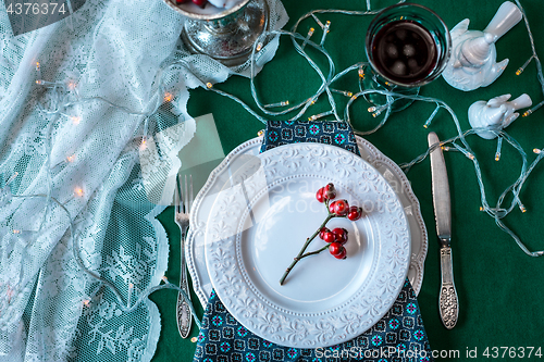 Image of Beautiful Christmas table setting with decorations