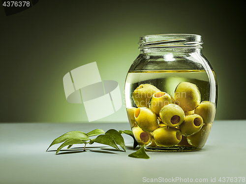 Image of Olive oil and olive branch on the wooden table